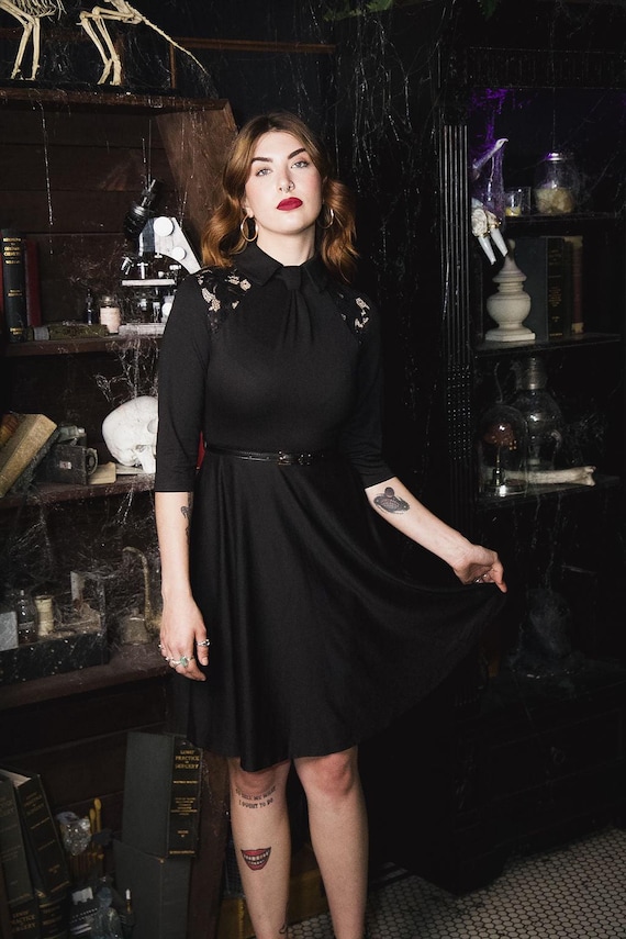 Gothic Dress - Goth Dark Academia Dress - Shelley - Faux Tie Fit and Flare Dress