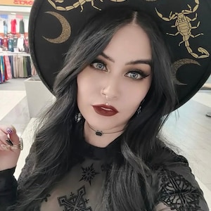 Vegan Felt wide brim Hat - XL Brim - goth witch zodiac scorpio fedora hat - &quot;Scorpions & Moons&quot;