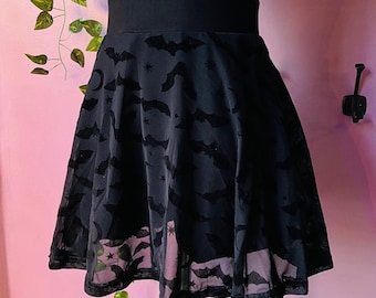The Morbid Mini Skort - BATS - Flocked Bat Skirt with Built In Shorts - Ready to Ship