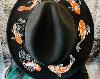 Vegan Felt Wide Brim Hat - goth witch fedora hat - "Koi Fish"