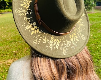 Vegan Felt Wide Brim Hat - witch boho vintage cottage core hat - XL Brim - Olive - Botanicals - Fox & Fable