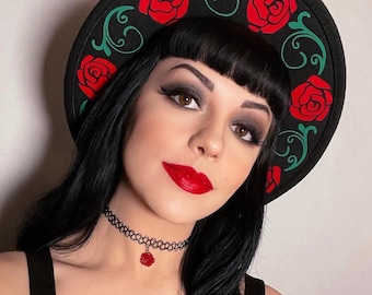 Vegan Felt wide brim Hat - goth witch floral fedora hat - Rose Crown