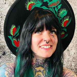 Vegan Felt Wide Brim Hat - goth witch fedora hat -XL Brim - "Venus Fly Traps"