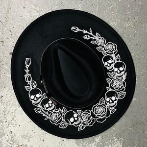 Vegan Felt Wide Brim Hat - XL Brim - Skulls & Roses