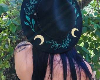 Vegan Felt wide brim  Hat - goth witch floral fedora hat - Fern Moon