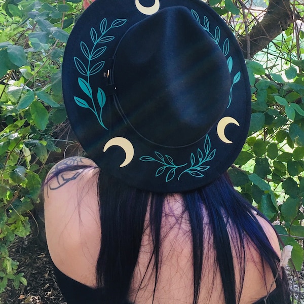 Vegan Felt wide brim  Hat - goth witch floral fedora hat - Fern Moon