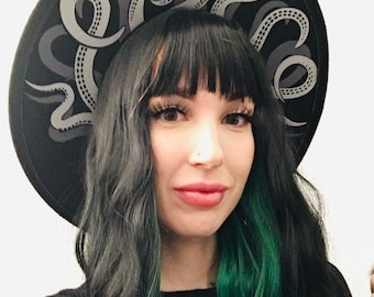 Vegan Felt wide brim Hat - goth witch fedora hat - XL Brim - "Tentacles"
