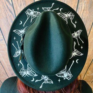 Vegan Felt Wide Brim Hat - goth witch fedora hat - Lunar Moths