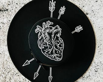 Vegan Felt Wide Brim Hat - goth witch hat - Flat Top XL Brim - "Arrows Through Heart"