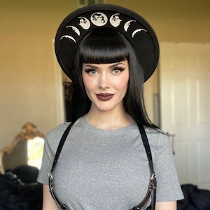 Vegan Felt wide brim Hat - goth witch fedora hat - Moon Phase