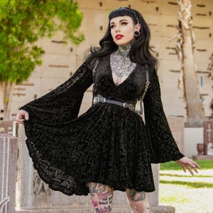 Gothic Dress - Goth witch Dress - Nyx - Bell Sleeved Velvet Damask Dress with Harness