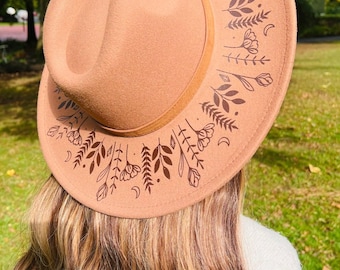Vegan Felt Wide Brim Hat - witch boho vintage cottage core hat - XL Brim - Caramel - Botanicals - Fox & Fable