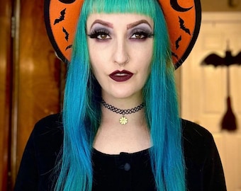 Vegan Felt wide brim Hat - goth witch halloween fedora hat - "Orange glitter bat moons"