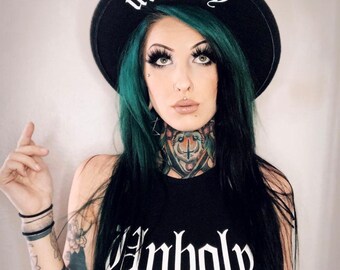 Vegan Felt wide brim Hat - goth witch fedora hat - Unholy
