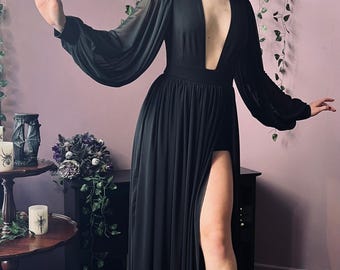 Minerva - Hauntingly Dramatic Mesh Maxi Dress with Built In Shorts  - READY TO SHIP