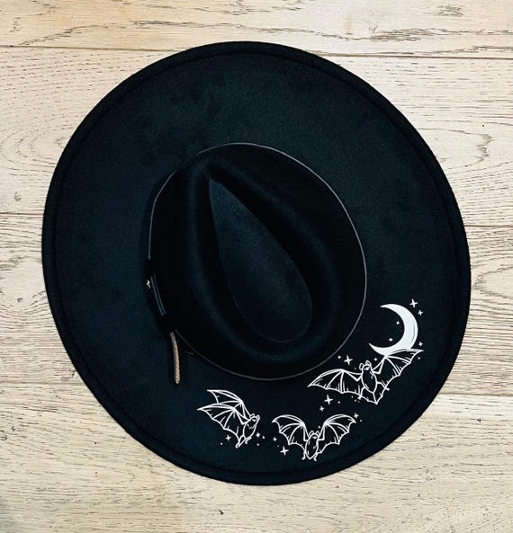 Vegan Felt Wide Brim Hat - XL Brim - Batty Moon - Etsy display picture 1