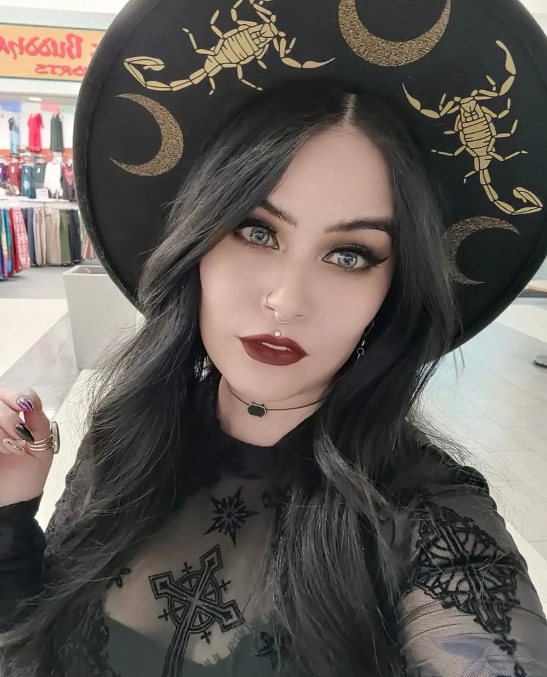 Vegan Felt wide brim Hat XL Brim goth witch zodiac scorpio fedora hat Scorpions & Moons image 1