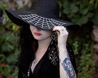 Floppy Sun Hat - XL Brim - goth witch hat -Widow&#39;s Spider Web
