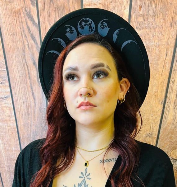 Vegan Felt Wide Brim Hat Goth Witch Fedora Hat Moon Phase