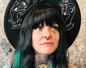 Vegan Felt Wide Brim Hat - goth witch fedora hat - XL Brim - "Hands of Tarot"