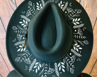 Vegan Felt Wide Brim Hat - goth witch fedora hat -  XL Brim - "Botanicals"