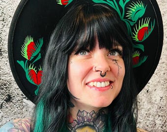 Vegan Felt Wide Brim Hat - goth witch fedora hat -XL Brim - &quot;Venus Fly Traps&quot;