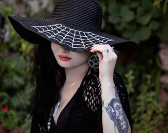 Floppy Sun Hat - XL Brim - goth witch hat -Widow's Spider Web