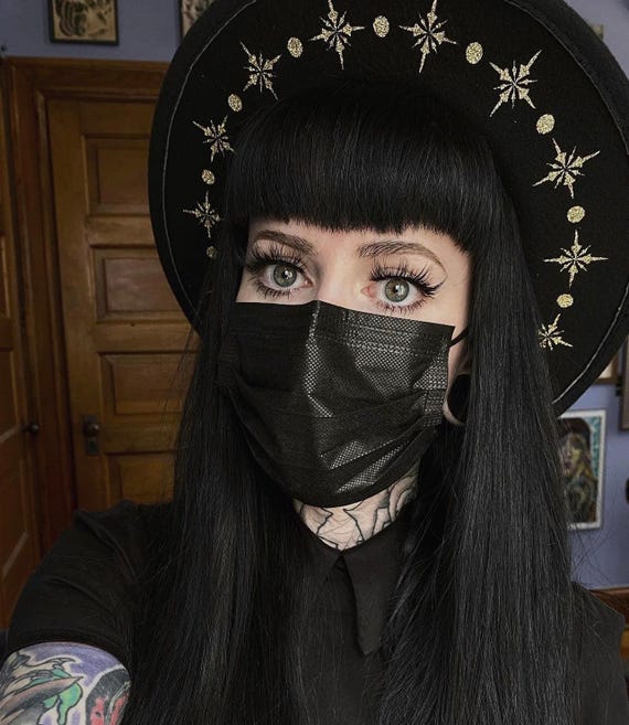 Vegan Felt Wide Brim Hat Goth Witch Fedora Hat Gold Starburst