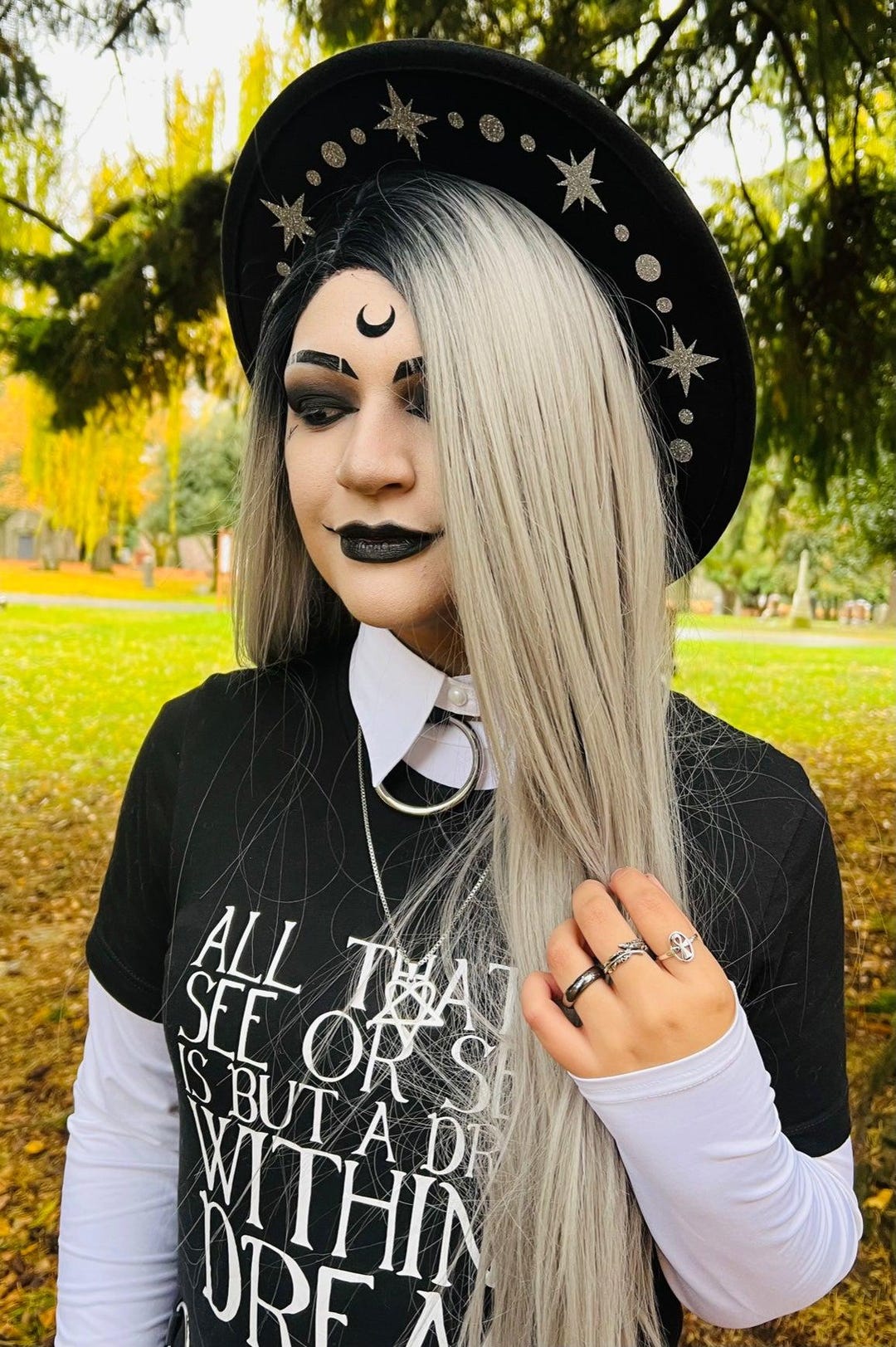 Vegan Felt Wide Brim Hat - Goth Witch Fedora Hat - Silver