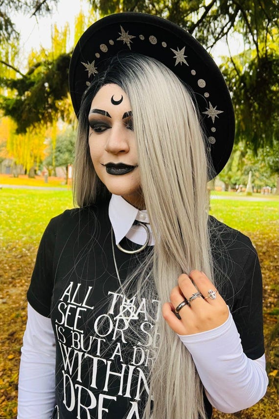 Vegan Felt Wide Brim Hat - Goth Witch Fedora Hat - Silver  display picture 2
