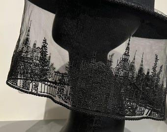 Vegan Felt Wide Brim Hat - Mourning Collection - Cathedral Lace