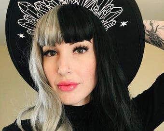 Cappello in feltro vegano a tesa larga - cappello fedora da strega gotica - tesa XL - cristalli Moonlight