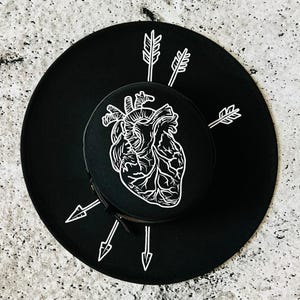 Vegan Felt Wide Brim Hat - goth witch hat - Flat Top XL Brim - "Arrows Through Heart"