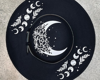 Vegan Felt Wide Brim Hat - Flat Top XL Brim - "Floral moon"