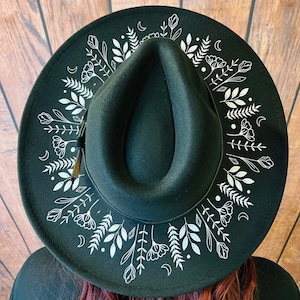 Vegan Felt Wide Brim Hat - goth witch fedora hat -  XL Brim - &quot;Botanicals&quot; B/W