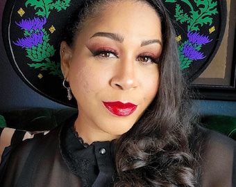 Vegan Felt Wide Brim Hat - goth witch floral fedora hat - XL Brim - "Thistles"