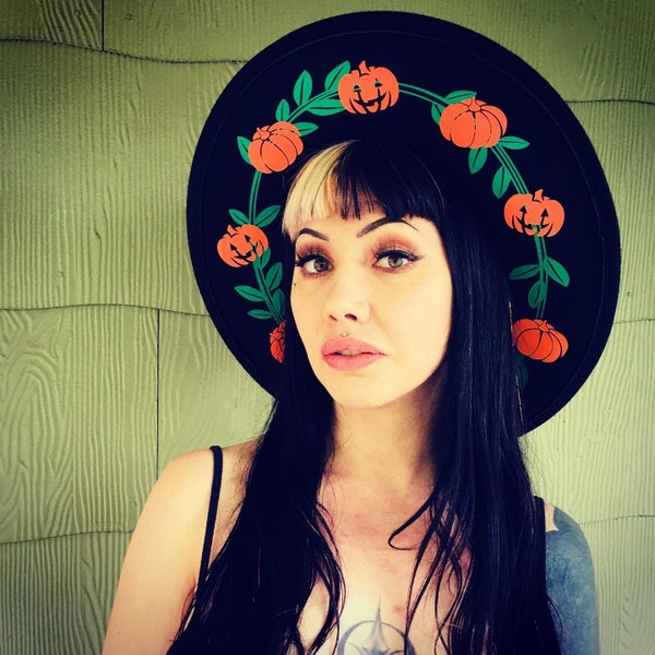 Vegan Felt wide brim Hat - goth witch halloween fedora hat - XL Brim - Pumpkins