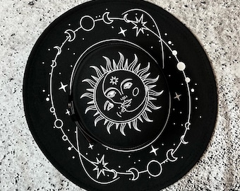 Vegan Felt Wide Brim Hat - Flat Top XL Brim - "Celestial Sun/Moon"