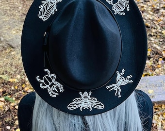 Vegan Felt Wide Brim Hat - goth witch fedora hat - New Insects