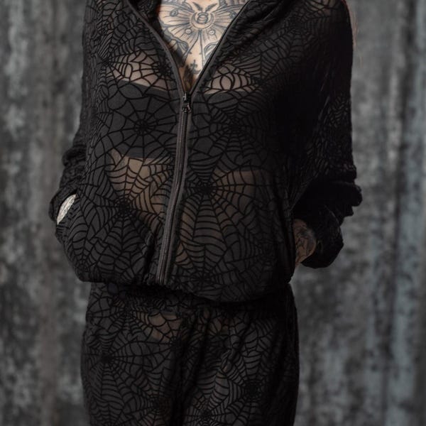 the sinful track suit set - webs - sheer velvet flocked web track jacket & jogger set - ready to ship