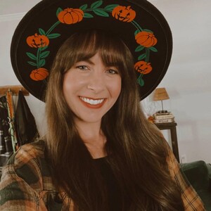 Vegan Felt wide brim Hat - goth witch halloween fedora hat - XL Brim - Pumpkins image 2