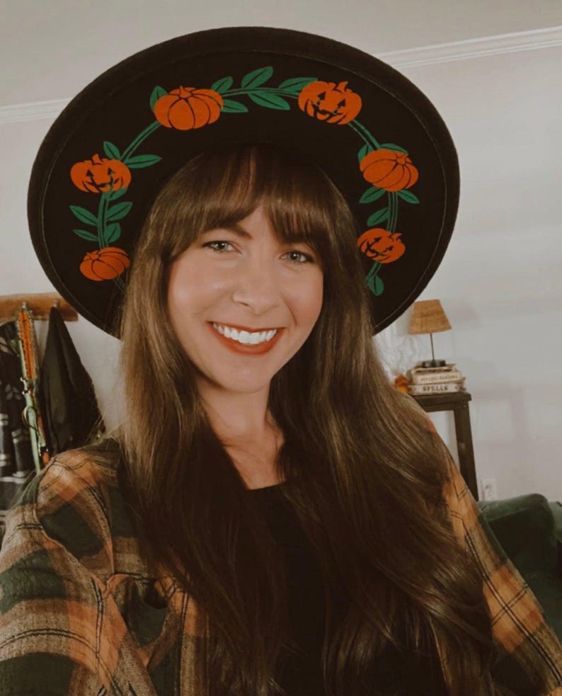Vegan Felt wide brim Hat - goth witch halloween fedora hat - XL Brim - Pumpkins image 2