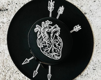 Vegan Felt Wide Brim Hat - goth witch hat - Flat Top XL Brim - &quot;Arrows Through Heart&quot;