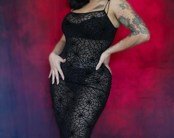 Sheer Hourglass Maxi Dress - Velvet Flocked Spider Webs