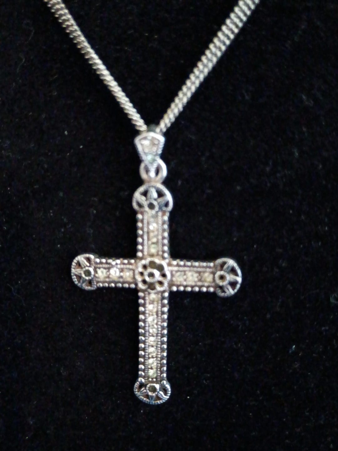 Vintage Ornate Silver Cross, With Rhinestones and Triple Sterling Chain ...