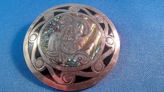 Silver & Abalone Mexican Mayan/Aztec Warrior Broo… - image 1