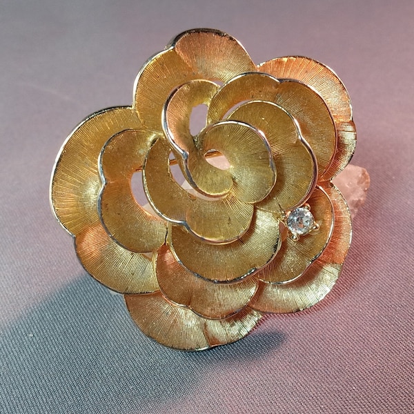 Boucher Frilly Rose w Crystal Gold Tone Pin Brooch w. Stone Signed and Numbered