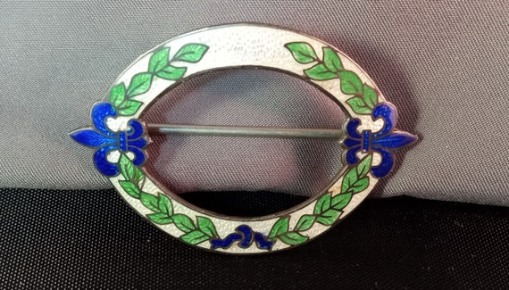 Antique Open Oval Cloisonne and Guilloche Pin Bro… - image 1