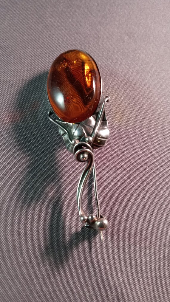 Vintage Silver Plant Pin with An Amber Stone as it