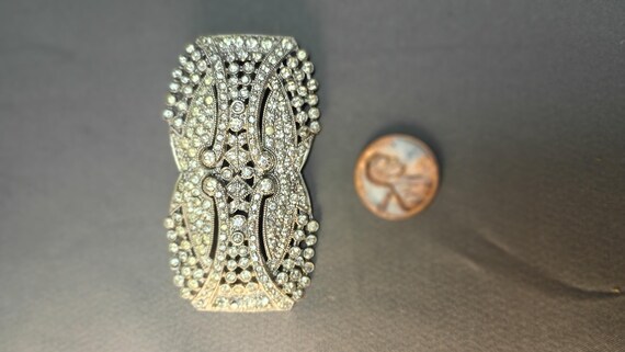 Large Rectangular Silver Tone with Rhinestones Pi… - image 2